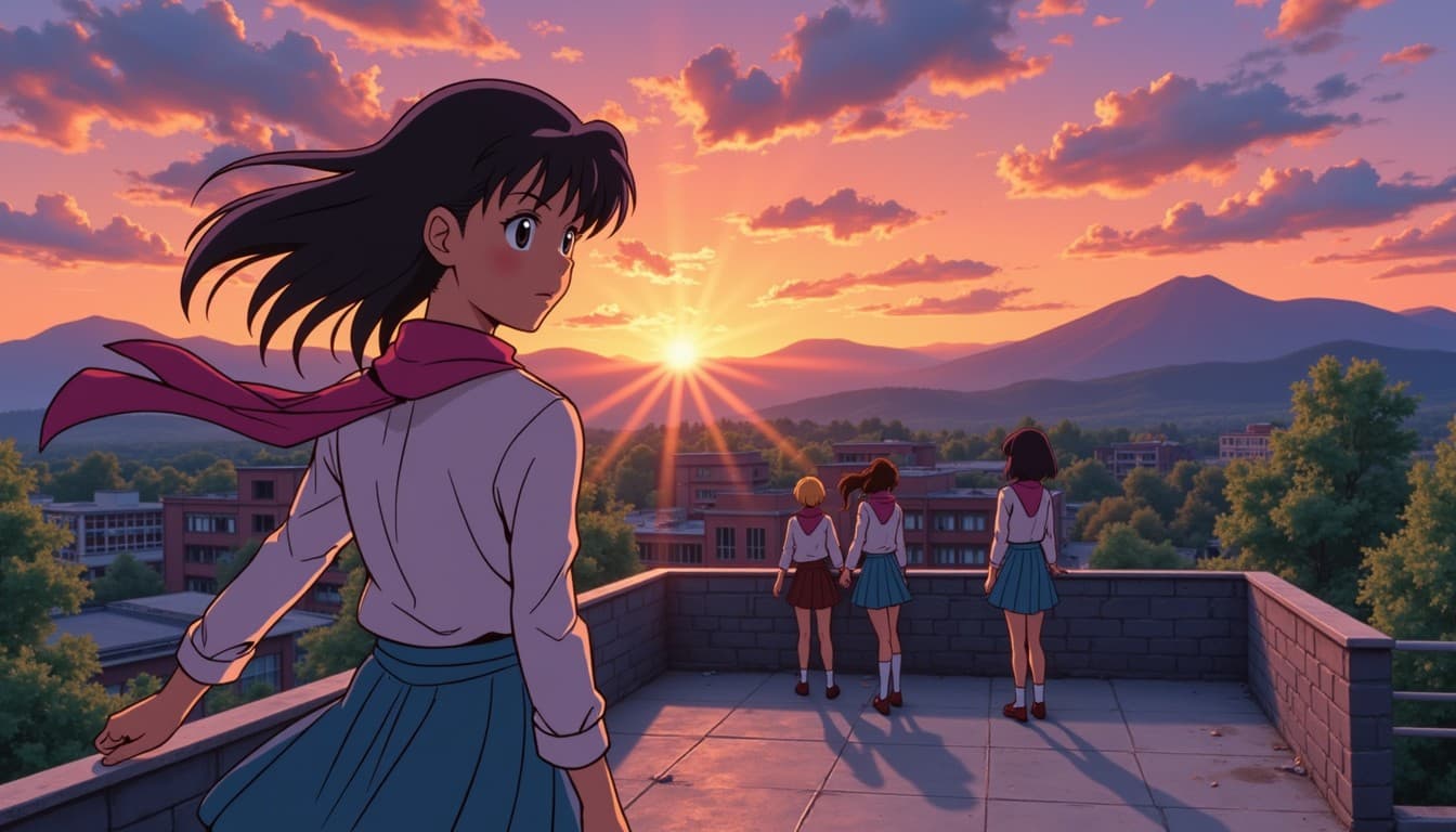Anime girls on rooftop at sunset